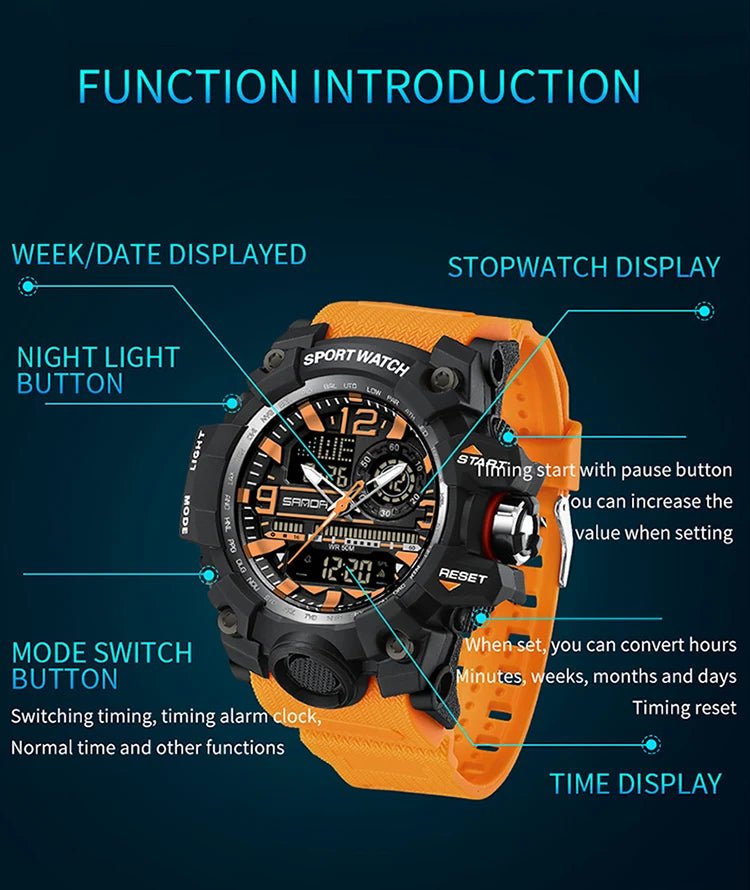 SANDA 3133 Week Day Display Digital Analog Watch Alarm Mode Teenager Student Electronic Wrist Clock Trendy Fashion Waterproof - Checkouts USA