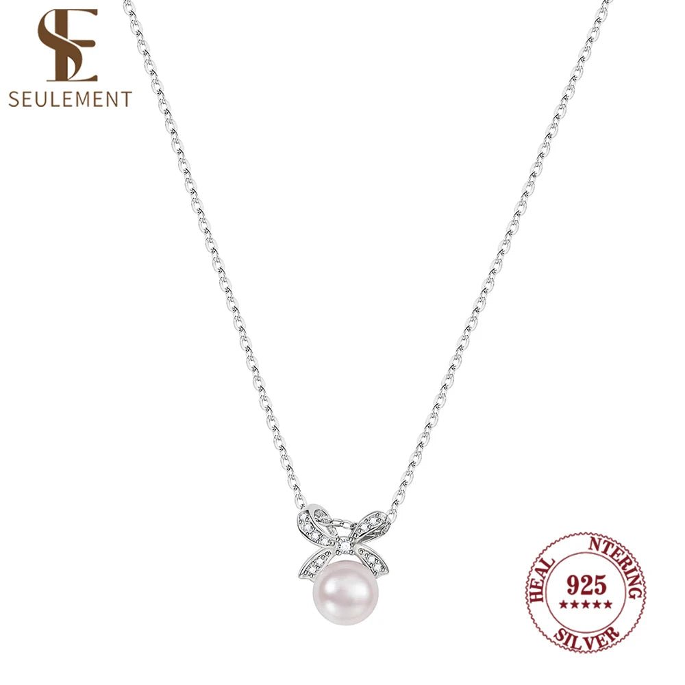 Seulement Natural Freshwater Non - Nucleated Pearl Necklace Female 925 Sterling Silver Bow Pendant Chain Sweet Jewelry Accessories - Checkouts USA