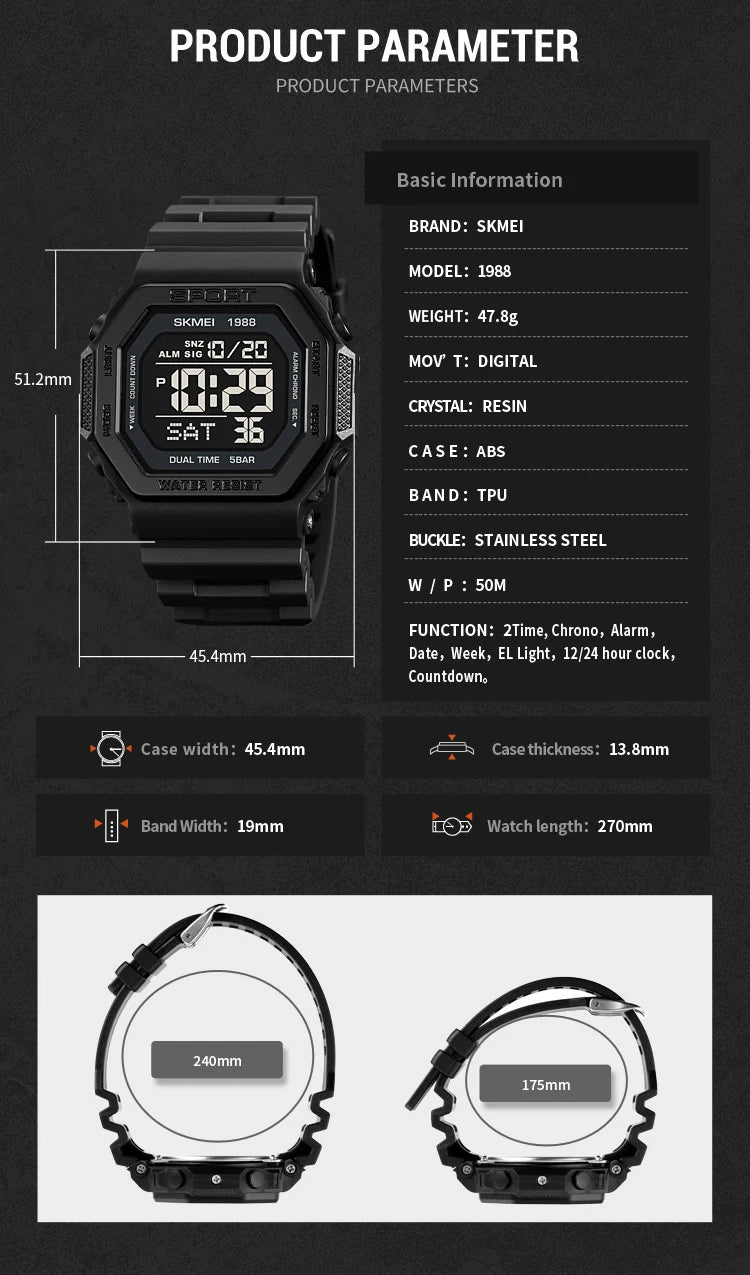 SKMEI Fashion Sports Digital Watch For Men Women 5Bar Waterproof Countdown Chrono Military Wristwatch and Bracelet Reloj Hombre - Checkouts USA