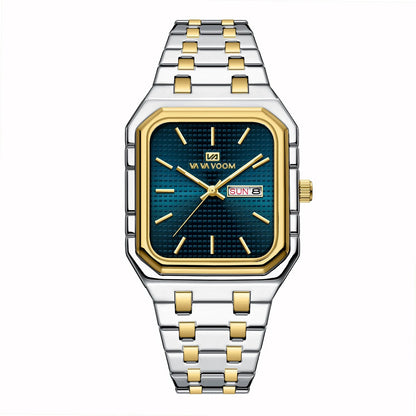 Square Men's Watch With Fashionable Luxurious Business Stainless Steel Strap Blue Gold Original Dual Calendar Quartz Men Watches - Checkouts USA