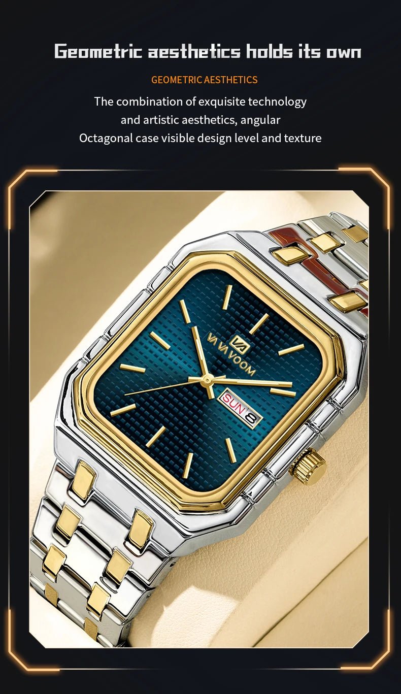 Square Men's Watch With Fashionable Luxurious Business Stainless Steel Strap Blue Gold Original Dual Calendar Quartz Men Watches - Checkouts USA