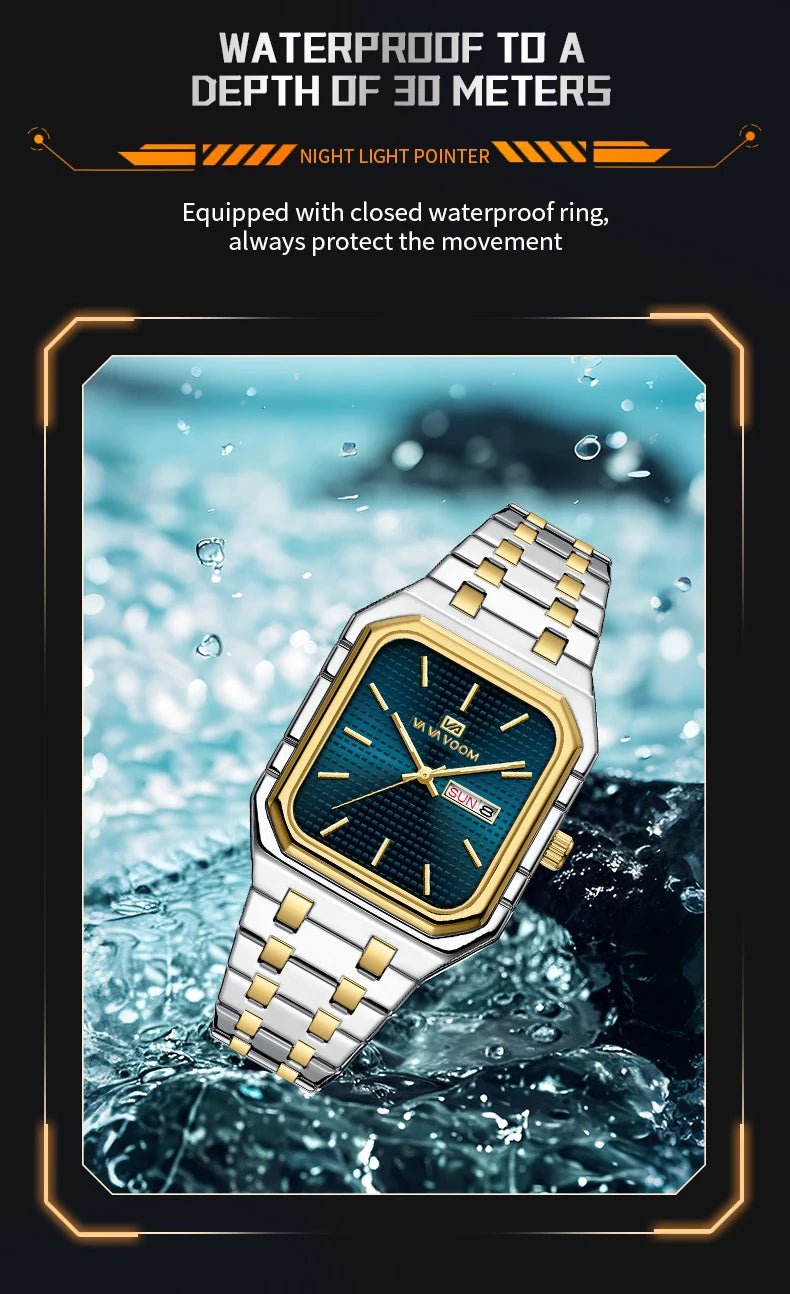Square Men's Watch With Fashionable Luxurious Business Stainless Steel Strap Blue Gold Original Dual Calendar Quartz Men Watches - Checkouts USA
