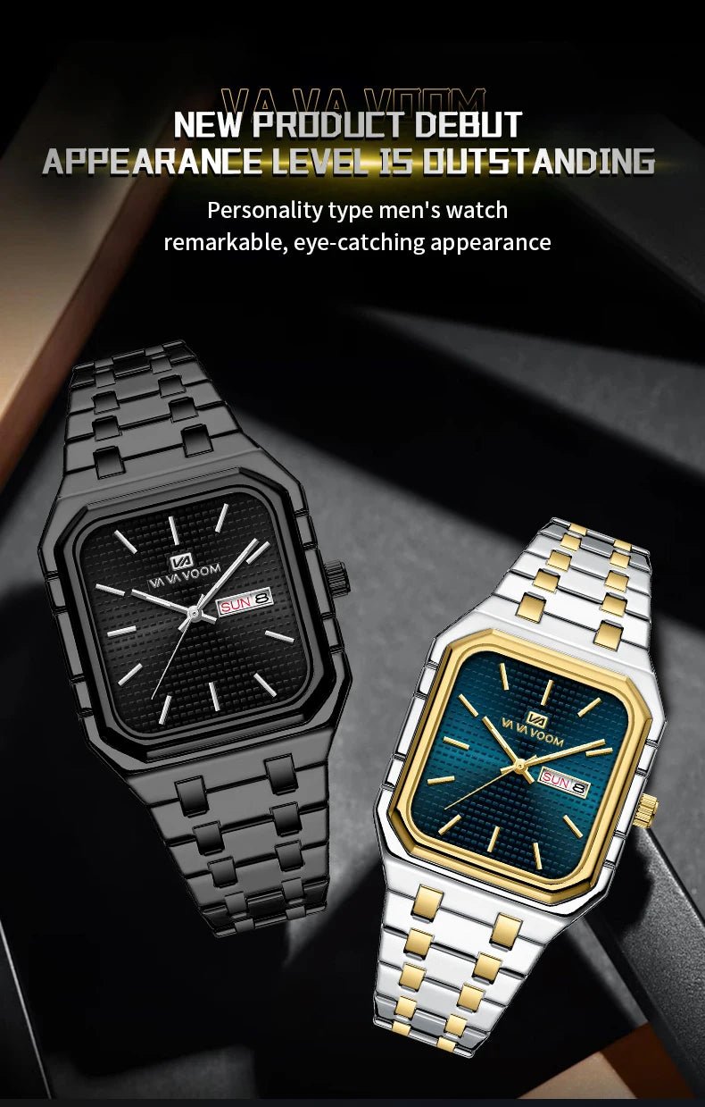 Square Men's Watch With Fashionable Luxurious Business Stainless Steel Strap Blue Gold Original Dual Calendar Quartz Men Watches - Checkouts USA