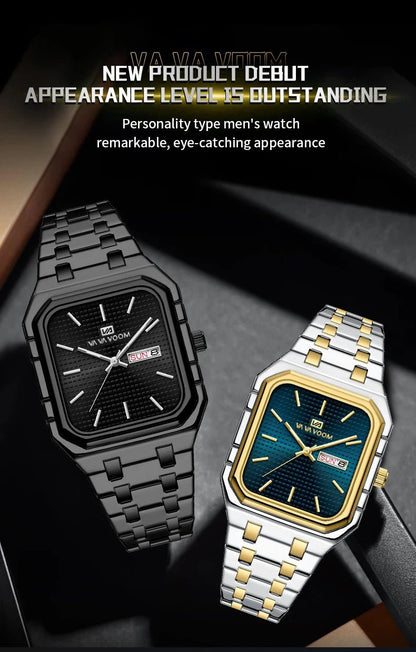 Square Men's Watch With Fashionable Luxurious Business Stainless Steel Strap Blue Gold Original Dual Calendar Quartz Men Watches - Checkouts USA