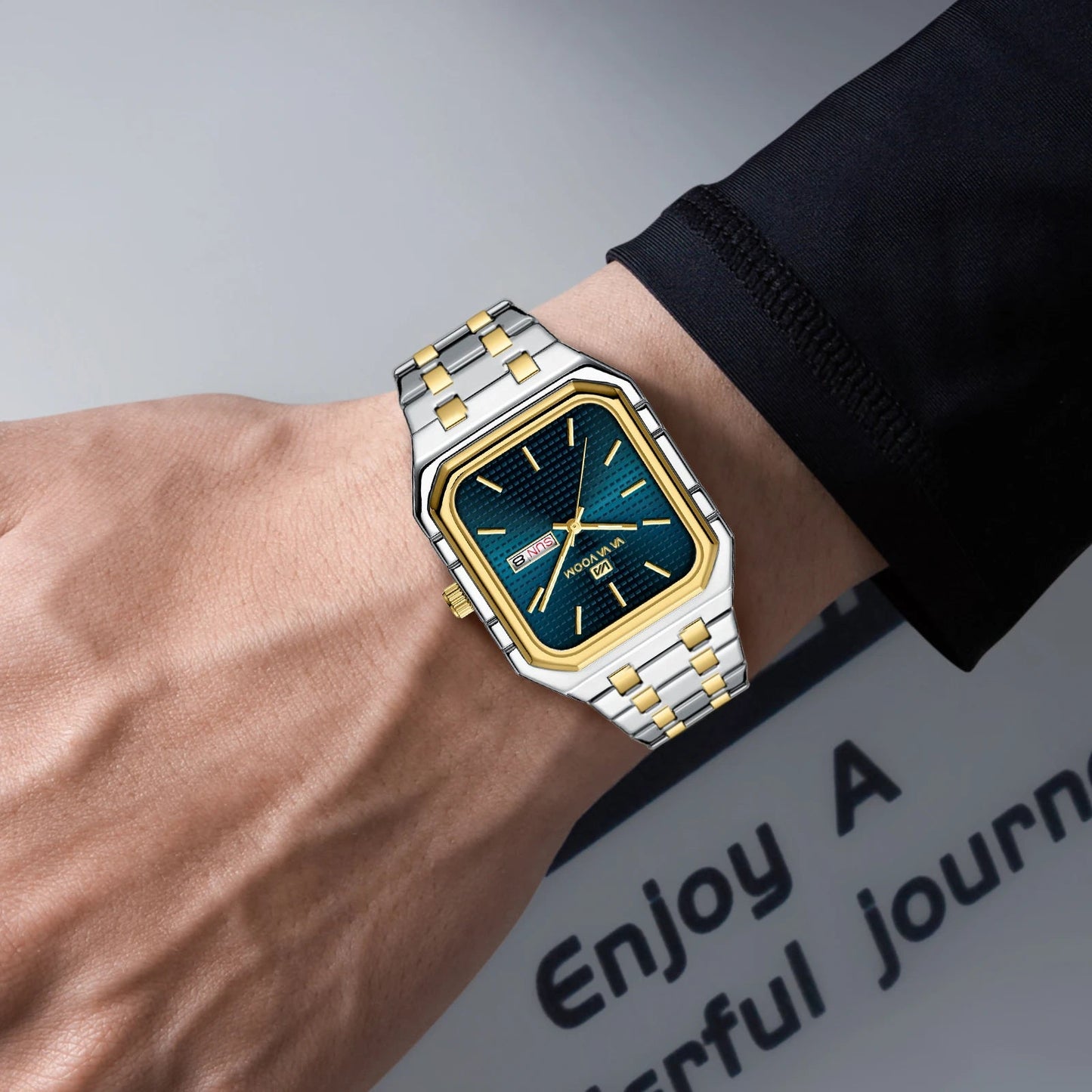 Square Men's Watch With Fashionable Luxurious Business Stainless Steel Strap Blue Gold Original Dual Calendar Quartz Men Watches - Checkouts USA