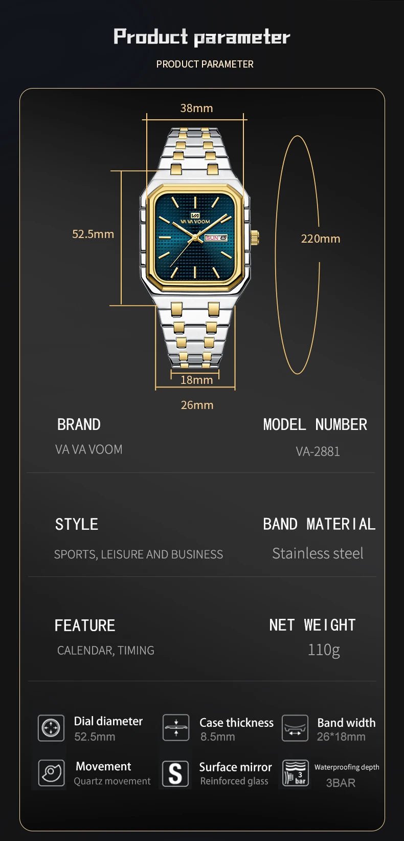 Square Men's Watch With Fashionable Luxurious Business Stainless Steel Strap Blue Gold Original Dual Calendar Quartz Men Watches - Checkouts USA