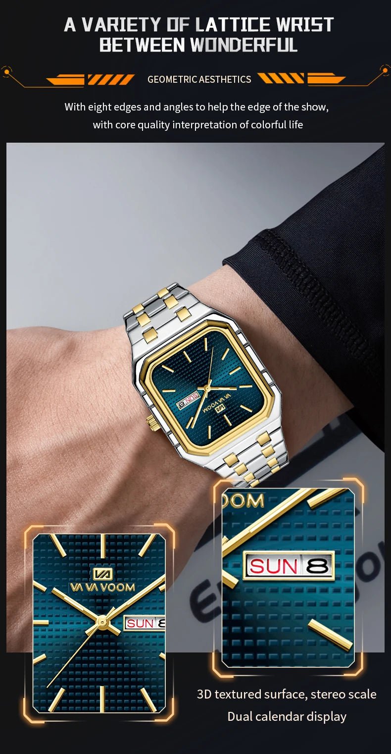 Square Men's Watch With Fashionable Luxurious Business Stainless Steel Strap Blue Gold Original Dual Calendar Quartz Men Watches - Checkouts USA