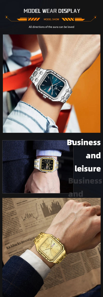 Square Men's Watch With Fashionable Luxurious Business Stainless Steel Strap Blue Gold Original Dual Calendar Quartz Men Watches - Checkouts USA