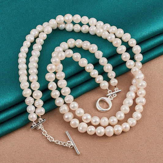 Sterling Silver Natural Freshwater Pearl Necklace For Women Wedding Party Fashion Charm Jewelry - Checkouts USA