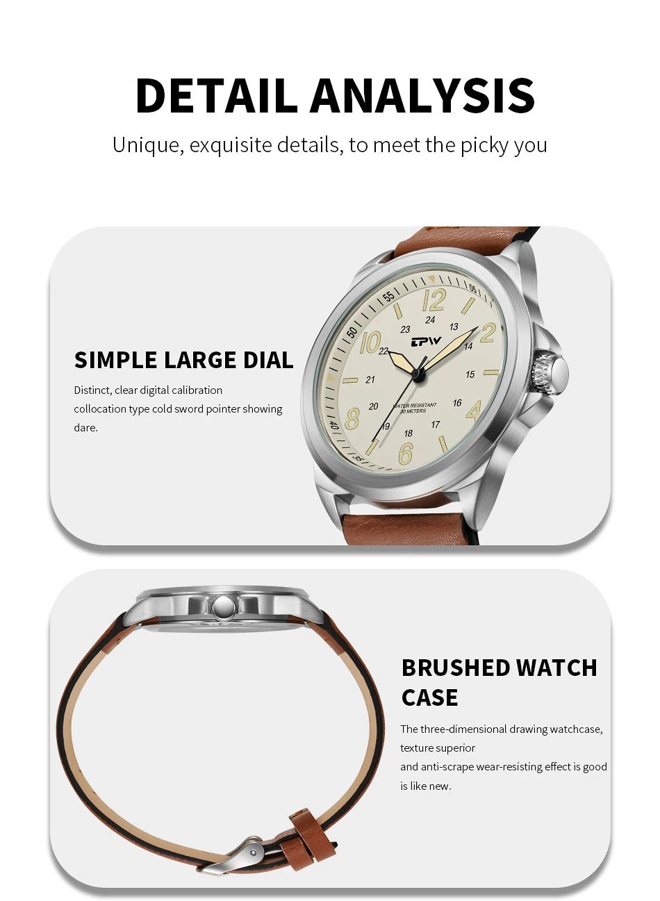 TPW Classic Field Watch Fabric Strap Stitched Leather Band 42mm - Checkouts USA