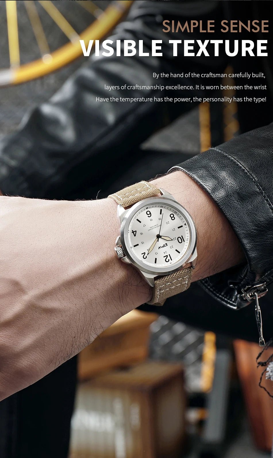 TPW Classic Field Watch Fabric Strap Stitched Leather Band 42mm - Checkouts USA