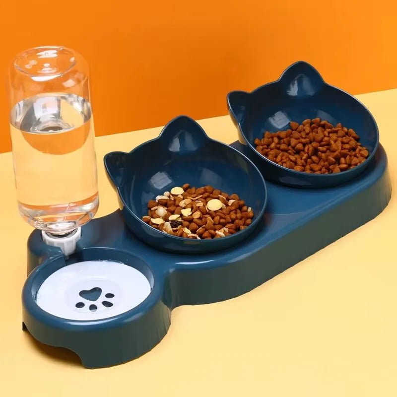 Triple Cat Bowls Pet Feeder, 2 - in - 1 Double Bowls with Automatic Drinking Bottle, Tilted and Rotatable Design for Cats and Dogs - Checkouts UK