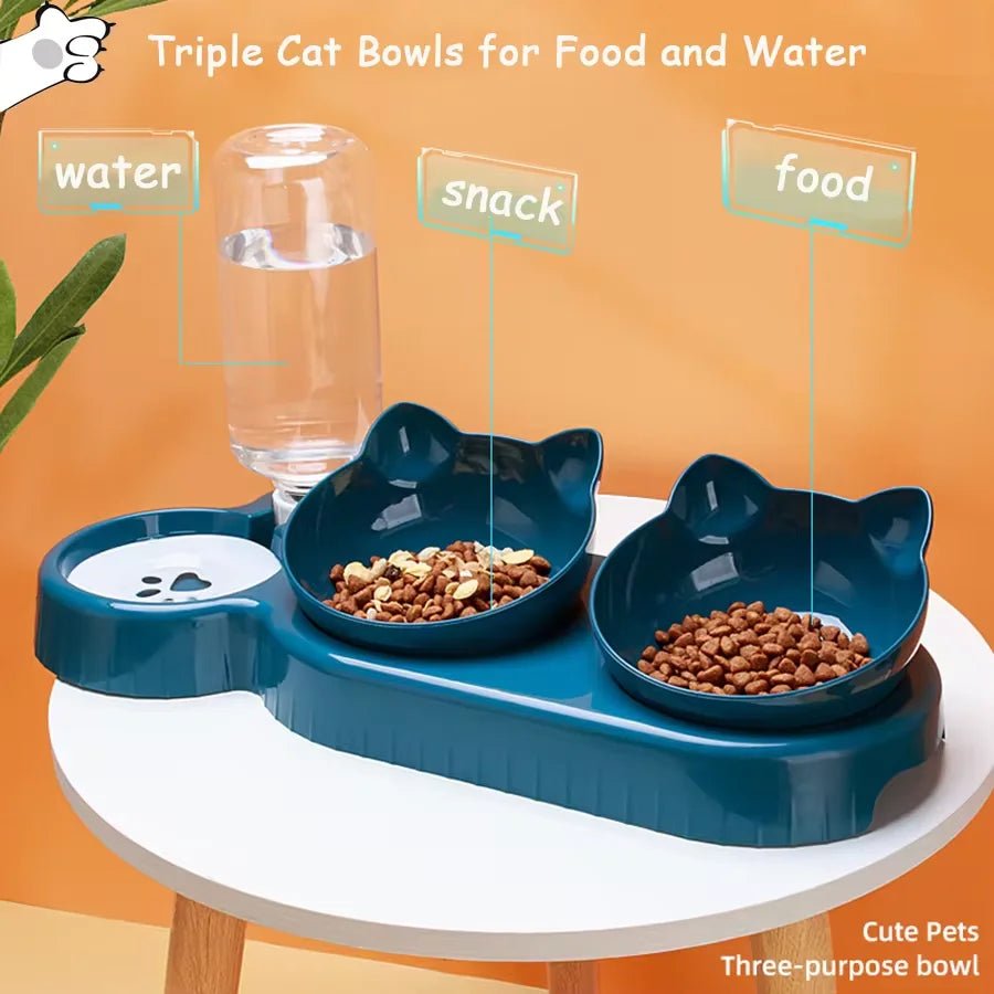 Triple Cat Bowls Pet Feeder, 2 - in - 1 Double Bowls with Automatic Drinking Bottle, Tilted and Rotatable Design for Cats and Dogs - Checkouts UK