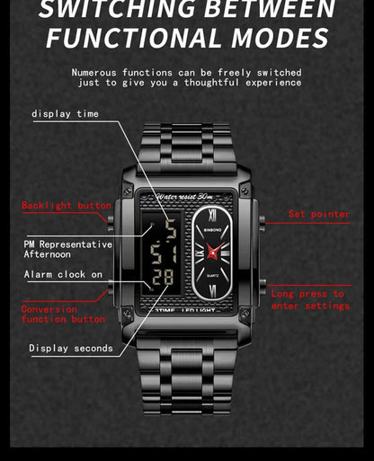 UTHAI H37 Fashion Square Double Screen Digital Watch for Men Light Luxury Leisure Sports Waterproof Men's Quartz Watch - Checkouts USA