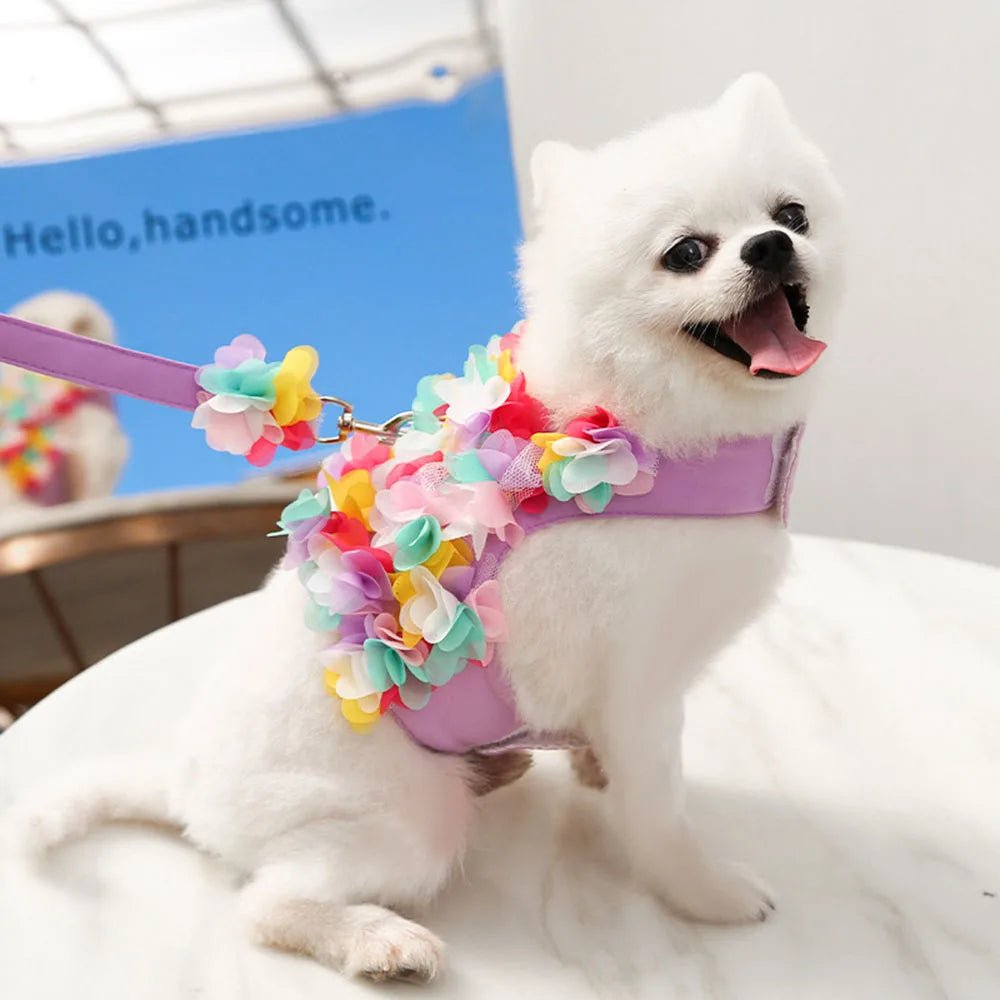 Wholesale Bulk Luxury Flower Girl Dogs Harness and Leash Set No Pull Soft Adjustable Breathable Mesh Cute Floral Puppy Pet Safety Vest Harness - Furbury