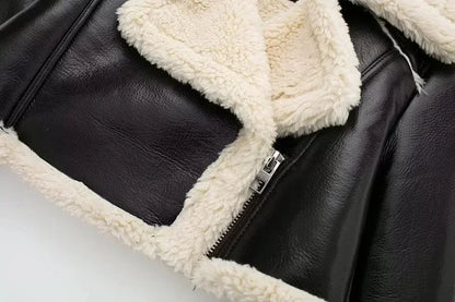 Winter Women Jacket Coats Faux Shearling Sheepskin Coat Retro Motorcycle Jacket Woman Jackets Outerwear Tops - Checkouts UK